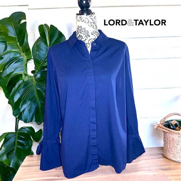 LORD & TAYLOR Women’s Navy Bell Sleeve Blouse- Large - Picture 1 of 8